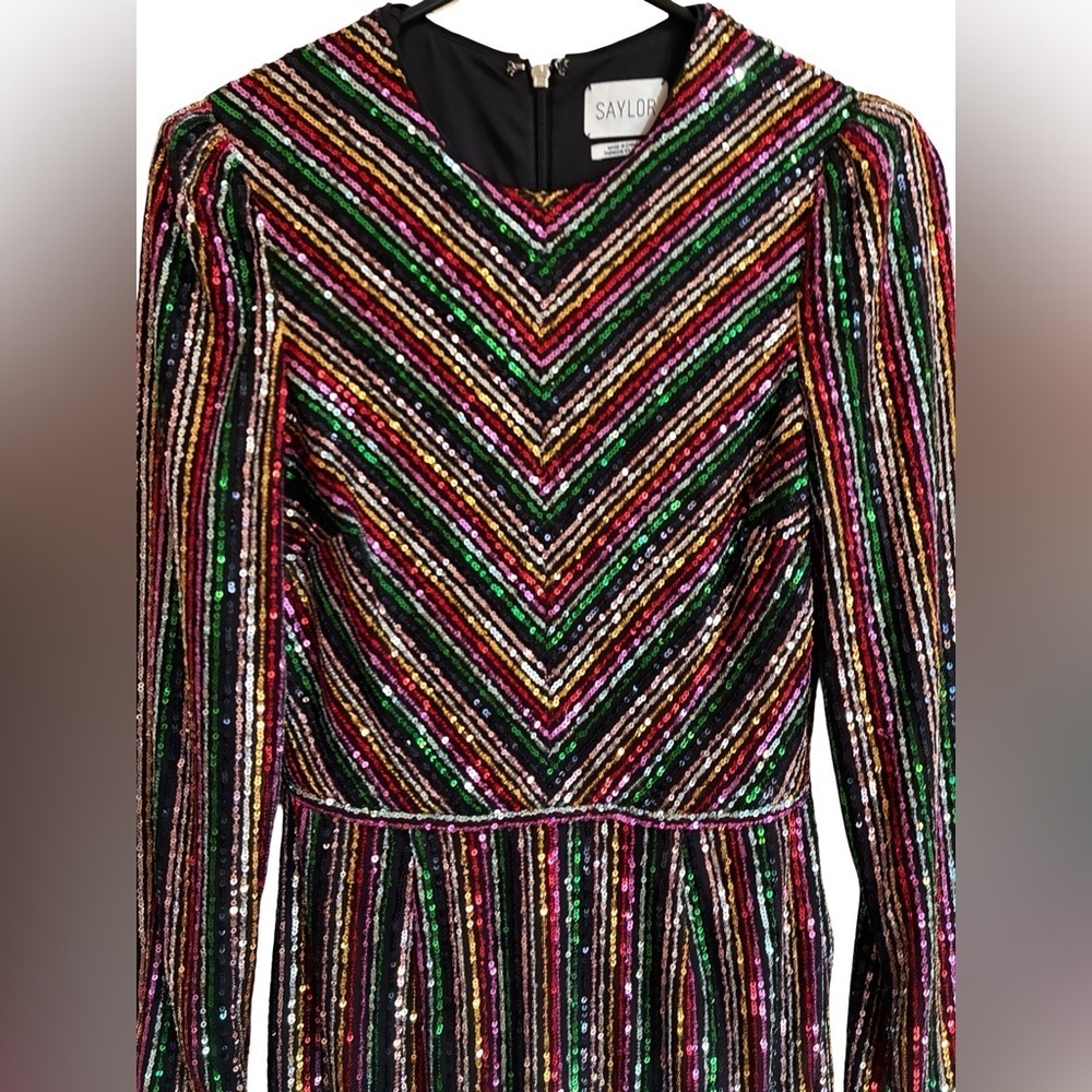 Saylor - Black & Metallic Rainbow Sequin Striped Long Sleeve Dress Sz XS - Picture 2 of 9